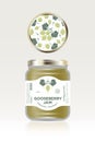 Label and packaging of white gooseberry jam. Can lid jar with fruit pattern.