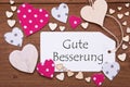 Label, Pink Hearts, Gute Besserung Means Get Well Soon