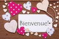 Label, Pink Hearts, Text Bienvenue Means Welcome