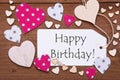 Label, Pink Hearts, Text Happy Birthday