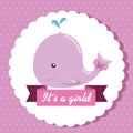 label of pink whale and ribbon with its a girl message