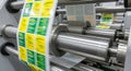 close-up of a label printing machine in motion, showcasing the automated process of producing labels with vibrant yellow and green Royalty Free Stock Photo