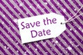 Label, Purple Wrapping Paper, Text Save The Date, Snowflakes