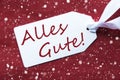 Label On Red Background, Snowflakes, Alles Gute Means Best Wishes