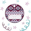 Label round with knitted ornament. Vector