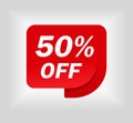 Label sale of special offer. Red promo sticker of discount. Icon tag for retail. Red label for sale 50. Special offer sticker for Royalty Free Stock Photo
