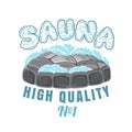 Label for sauna, banya or bathhouse. Fireplace with hot stones. Word sauna created from steam. Color vector illustration