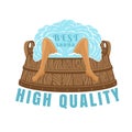 Label for sauna, banya or bathhouse. Two legs in the wooden tub with steam. Color vector illustration