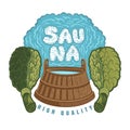 Label for sauna, banya or bathhouse. Wooden tub between two sauna oak besoms. Word sauna inside steam Vector color illustration