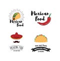 Label set with traditional mexican symbols. Food emblems for restaurant menu mexican food, traditional logo sombrero and cactus. Royalty Free Stock Photo