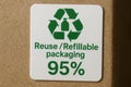 Label showing reuse and refillable packaging certification with 80 percent sustainability symbol on cardboard box Royalty Free Stock Photo