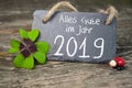 Label Sign and chalkboard with Happy New Year New Years Eve with 2019 and shamrock