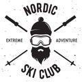 Label of Ski Club. Vintage Mountain winter badge. Outdoor adventure logo design.Snowboard icon symbol