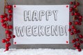 Label, Snow, Christmas Decoration, Text Happy Weekend Royalty Free Stock Photo