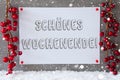 Label, Snowflakes, Christmas Decoration, Schoenes Wochenende Means Happy Weekend Royalty Free Stock Photo