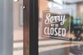 Label `Sorry we`re closed` notice sign wood board hanging