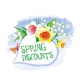 Label spring discount with flowers and butterfly