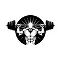 Label strong bodybuilder with barbell