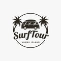 Label Surf tour, surf camp logo design vector with classic van and surf board and palm tree Royalty Free Stock Photo