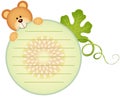 Label with teddy bear eating cantaloupe melon slice Royalty Free Stock Photo