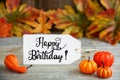 Label With Text Happy Birthday, Pumpkin And Leaves