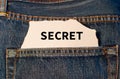 Label with text secret in the pocket of blue denim jeans.