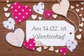 Label, Text Valentinstag Means Valentines Day, Pink Hearts