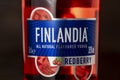 Label and trademark on bottle of Finlandia all natural flavored vodka Redberry. Finlandia is a brand of vodka produced in Finland