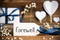 Label With White Heart Decoration, Flower, Gift, Text Farewell