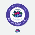 Label for wildberry jam. Round sticker for jar with berries, leaves and letters in a circle.