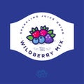 Label for wild berry jam. Sticker for jar with different berries, leaves and letters in a circle.