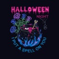 Label with witch cauldron with bubbling pink liquid, magic blue fire, bone, roses, spider, text