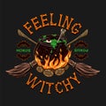 Label with witchy cauldron with bubbling green liquid on the bonfire, bone, crossed brooms, silhouette of bat, text