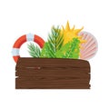 Label wooden signal with leafs palm and summer icons