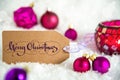 Label Words Merry Christmas, Christmas And Winter Background With Snow
