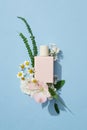 The labelless light pink perfume bottle is displayed with fresh flowers and green leaves on a blue background. Scene for cosmetic