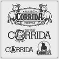 Labels with bull. Corrida emblem. Vector illustration. Print design for t-shirt. Royalty Free Stock Photo