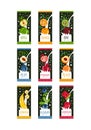 Labels for fruits milk. 9 different tastes apple, orange, kiwi, plum, pomegranate, peach, banana, blueberry and