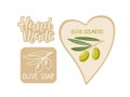 Labels for handmade olive cosmetics or soap. Olive Branch with leaves and Fruit Vector flat Illustration for home made