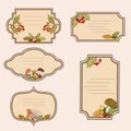 Labels with the image of forest mushrooms, autumn leaves and rowan berries. Vector
