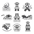 Labels or logos for diving club. Vector pictures set of divers and different specific equipment Royalty Free Stock Photo
