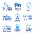 Labels and logos set of dental theme and illustrations of healthy teeth