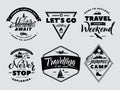 Labels set of adventure and nature explore. Outdoors camp and wildlife. Vector monochrome illustrations