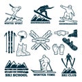 Labels set for club of skier. Silhouette of ski sportsmen.