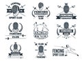 Labels set for fencing sport. Monochrome pictures of rapiers, sword mask and other equipment Royalty Free Stock Photo