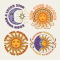Labels with sun, crescent moon, eclipse, text Royalty Free Stock Photo