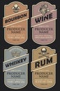 Labels for various alcoholic drinks in retro style
