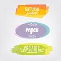 Labels with vegetarian and raw food diet designs. Organic food t Royalty Free Stock Photo