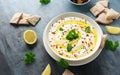 Labneh cream cheese dip with olive oil, salt, herbs served with olives, pita bread in white bowl