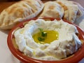 Labneh, delicious Lebanese yoghurt cream cheese and pita bread